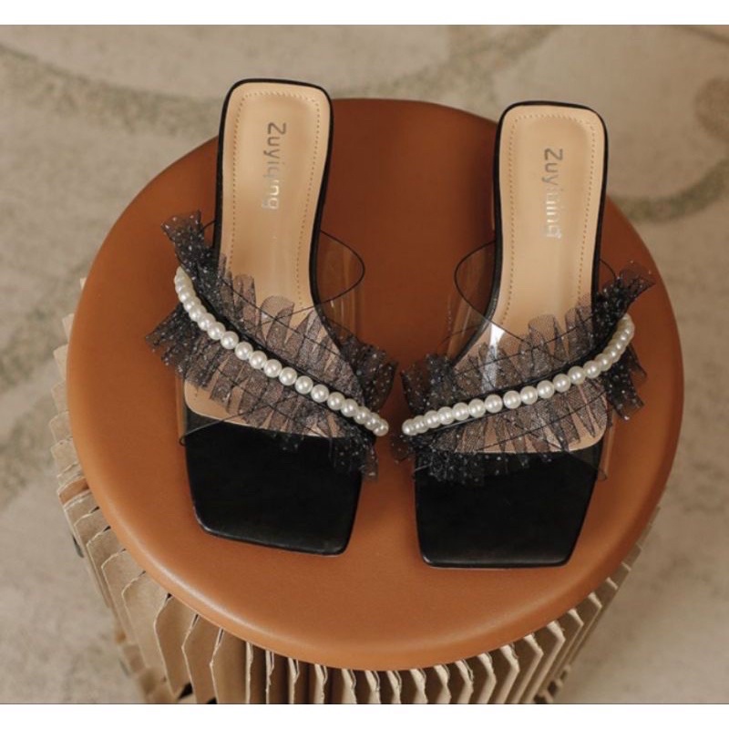 Dép bảng quai chéo nhúng cườm gót vuông cao nhiều màu phong cách thời trang sang trọng bigsize - TTH_SHOES