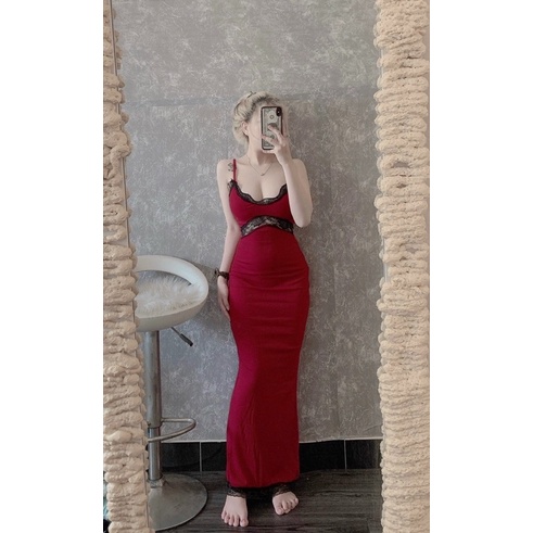 [FREESHIP - ẢNH THẬT] Đầm ôm body nữ hai dây form dài phối ren hai màu đỏ đen siêu xinh