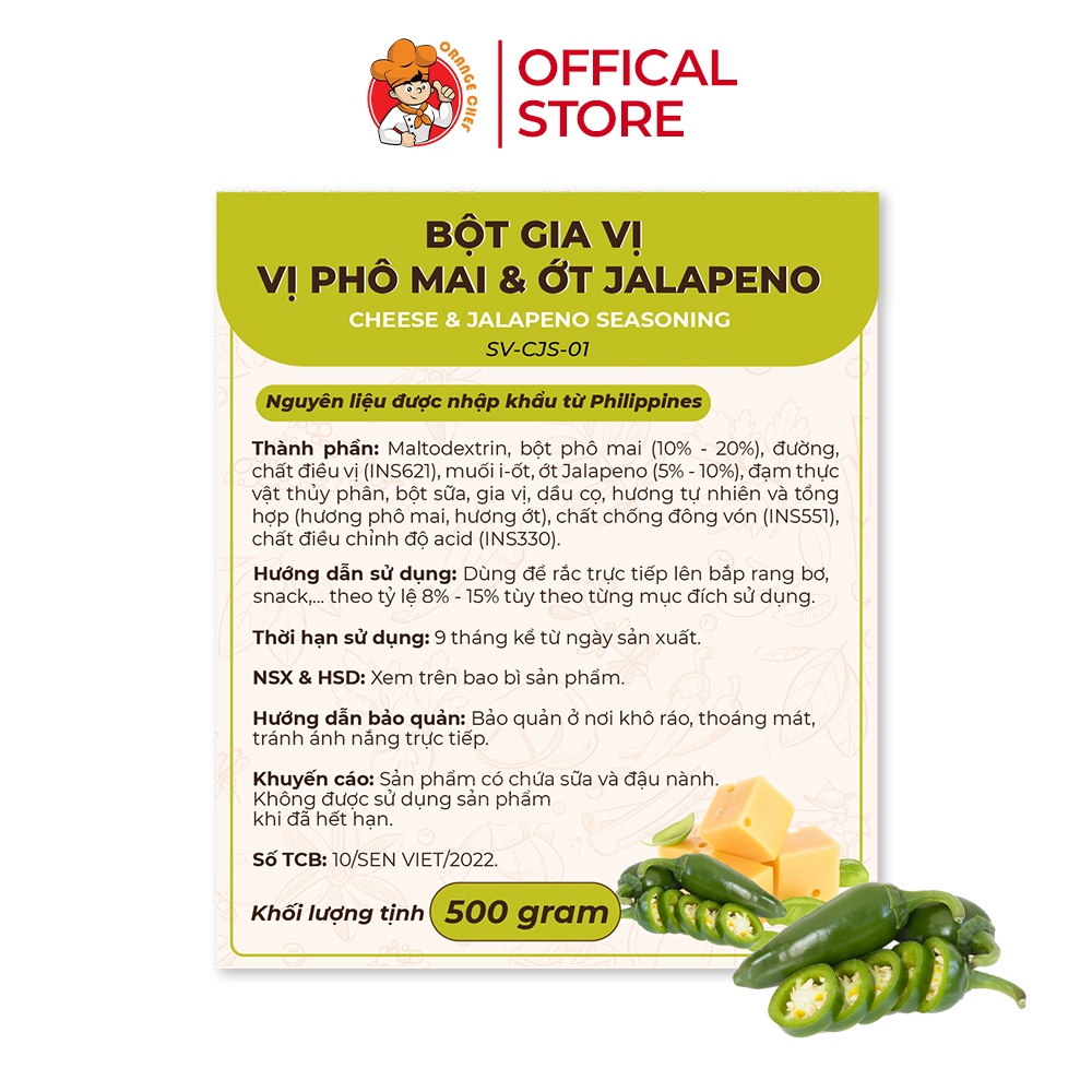 Bột Gia Vị Phô Mai &amp; Ớt Jalapeno Orange Chef - 500g Túi