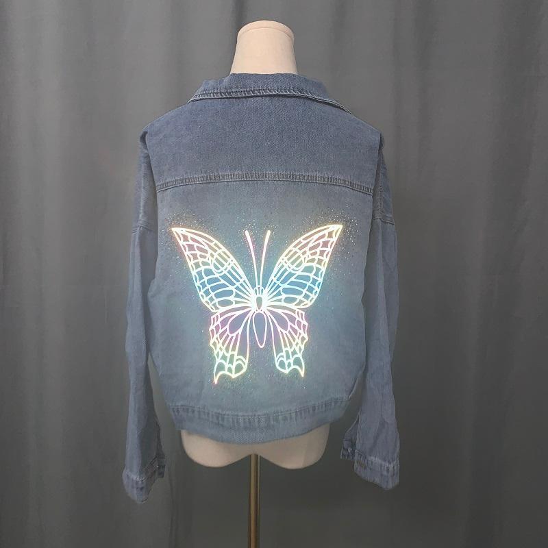 Korean Beauty Illuminate Butterfly Short Denim Jacket for Woman Casual Long Sleeved Loose Cropped Jeans Jacket Spring Autumn