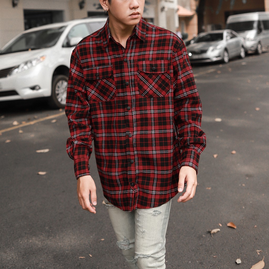 Áo Sơ Mi Flannel Sọc Đỏ Đen Chất Liệu Cotton Thoáng Mát
