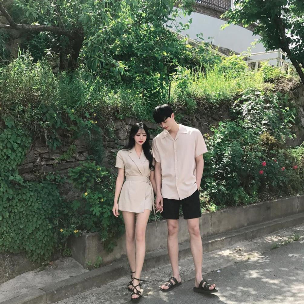 Set váy áo sơ mi đôi nam nữ đẹp du lịch chụp cưới màu nude HOT 2020 -HQcouple - AV83 ST