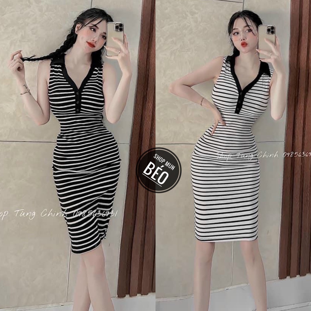 Đầm Body Sát Nách Cổ Trụ Nút Tim Chất Thun Gân Sọc Thích Hợp Mặc Đi Tiệc Đi Làm Đi Chơi
