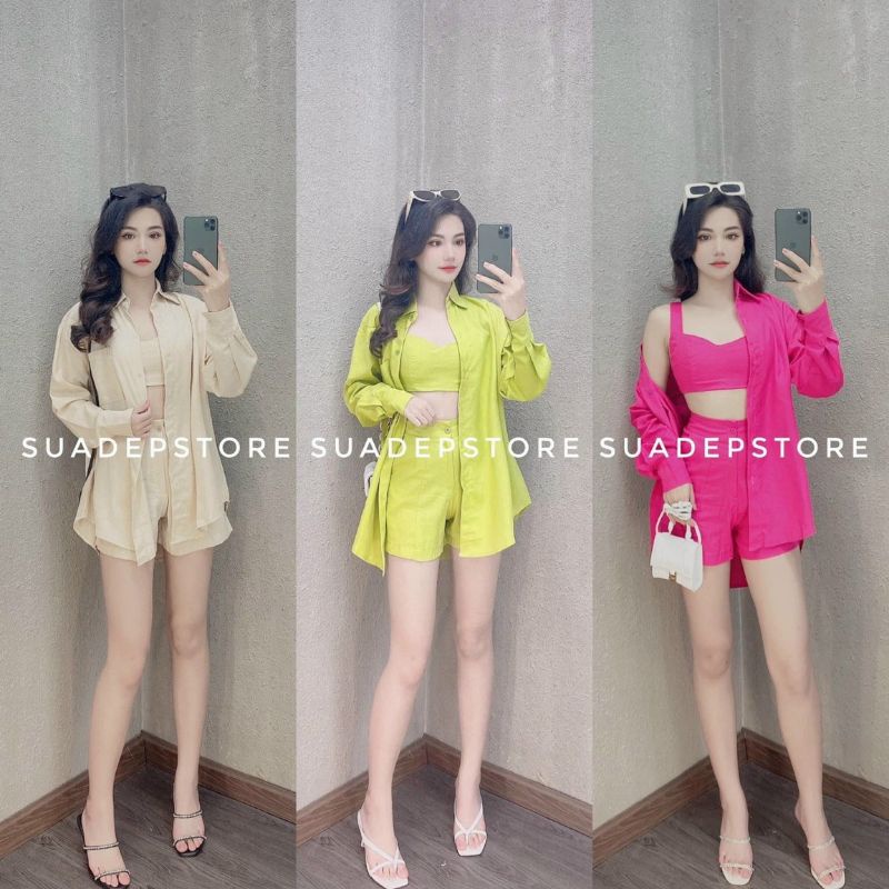 Set 3 món xô xước sơmi + bra+ short mã 13-6