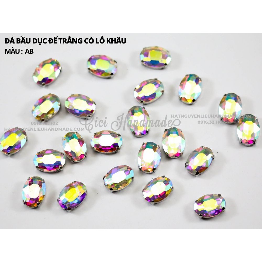 Set 10 hạt đá bầu dục cao cấp, đế trắng có lỗ khâu link 2/2 Cici Handmade chuyên hạt đá hạt pha lê hạt cườm trang sức
