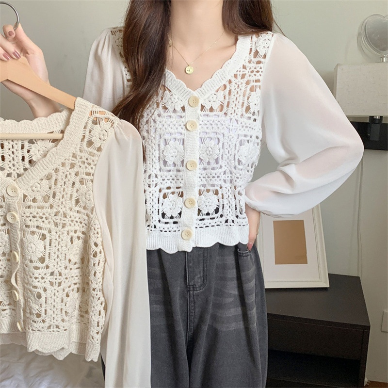 Áo Khoác Cardigan Chiffon Tay Dài Phồng Cổ Chữ V In Họa Tiết Hoa Thời Trang Cho Nữ