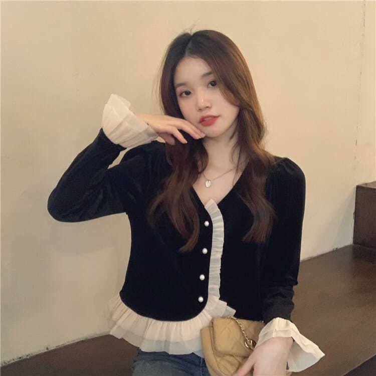 Áo Nhung Dài Tay Phong Cách Retro Pháp Cho Nữ