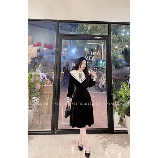 Váy dài tiểu thư nhung thiết kế cổ vát nhọn phối tay