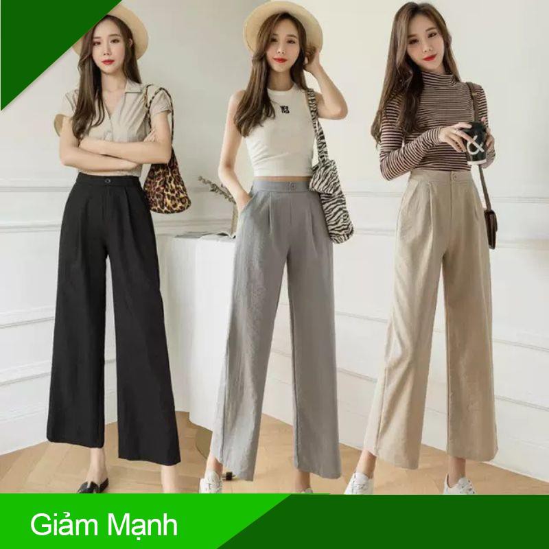 Quần đũi ống rộng suông lửng nữ dài 9 tấc dáng ống suông - Lưng thun chun khoá thật - Màu Đen BeTrắng - Chấ