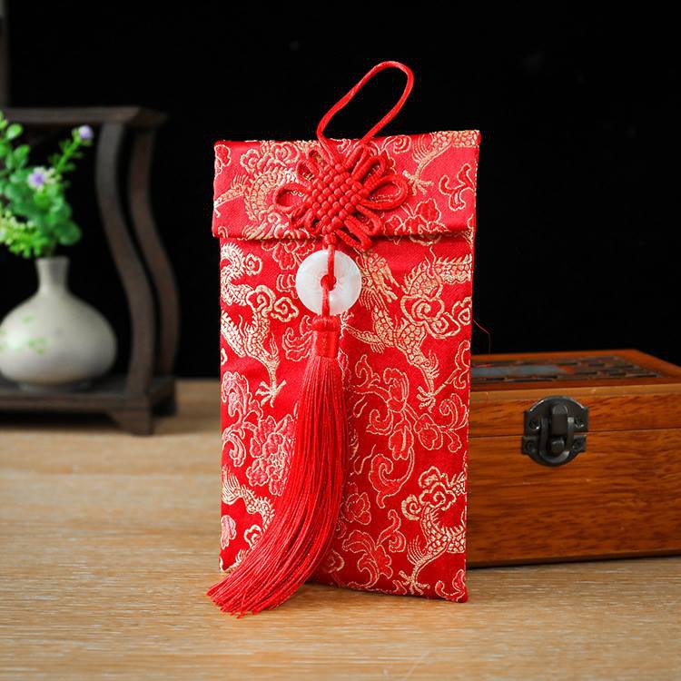 Bao Lì Xì Vải Gấm thêu nổi Rồng Phượng Hoa mai truyền thống
