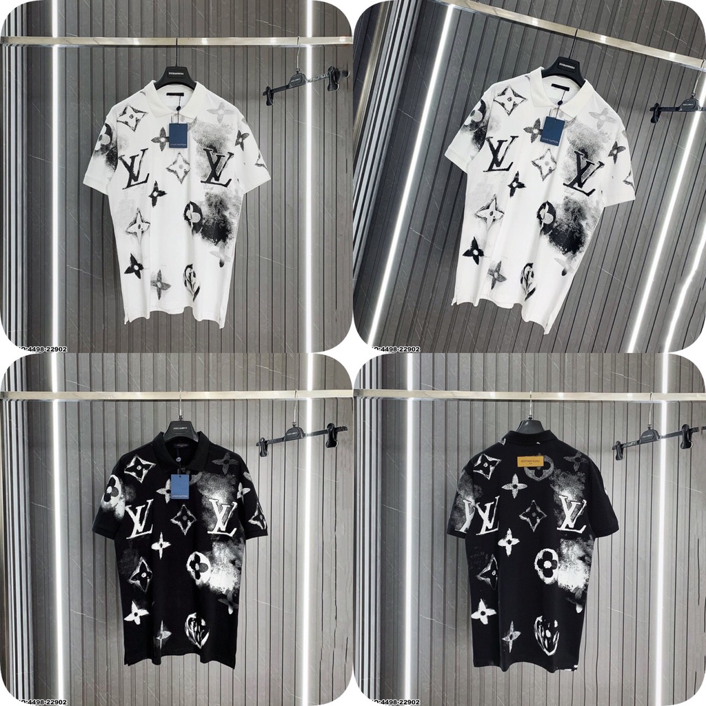 Áo Polo Nam In Hoa Đen LV Cao Cấp - Áo Thun Nam LV Logo Lớn Siêu Đẹp