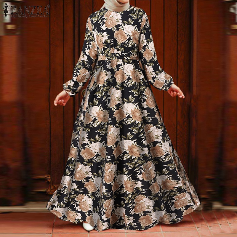 Zanzea Đầm Maxi Tay Dài Hoạ Tiết Hoa Thêu Cho Phụ Nữ Islam