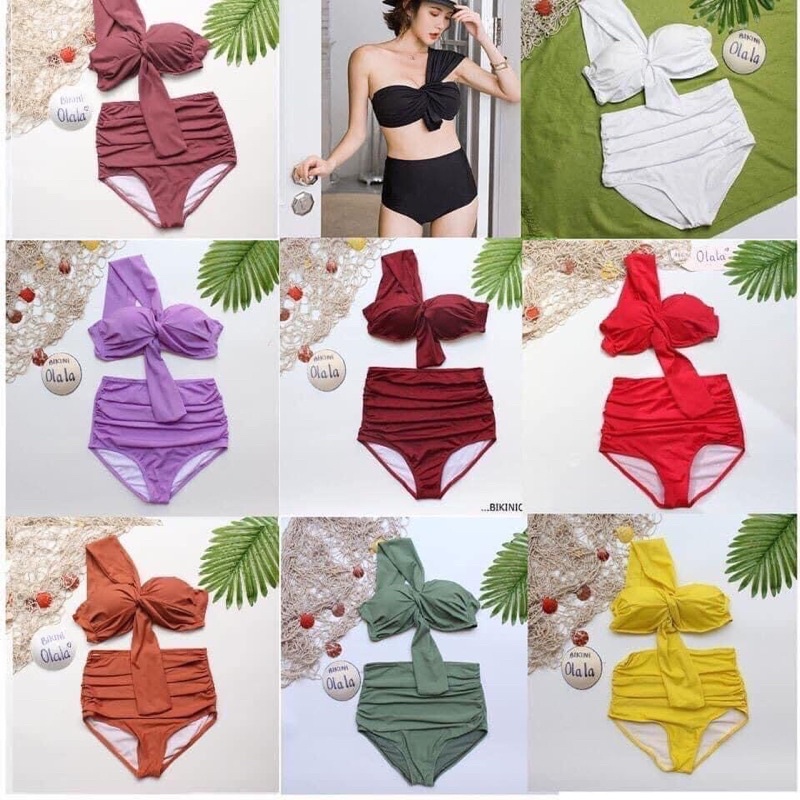 bikini áo gọng 1 vai kèm quần nhún cạp cao
