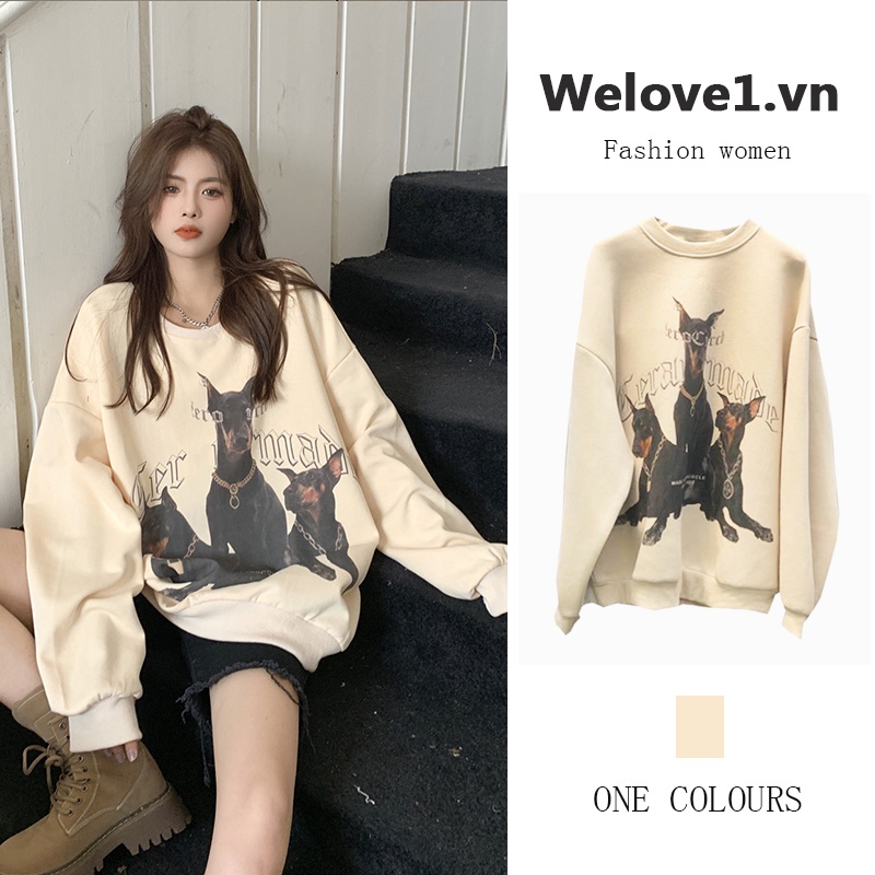 Áo len cổ tròn tay dài dáng rộng in họa tiết phong cách Mỹ cổ điển thời trang cho nữ