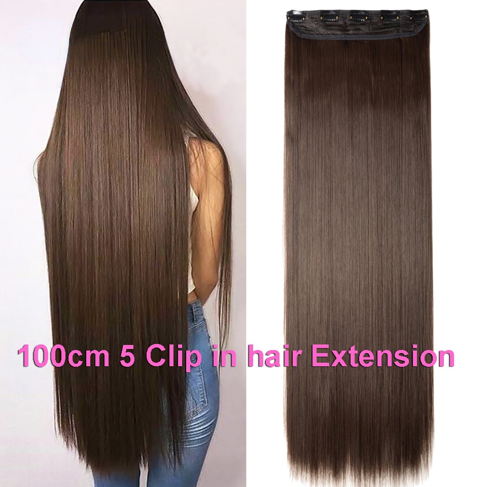 Tóc Giả Thẳng Dài 5 Kẹp 100Cm Chịu Nhiệt Tốt Màu Đen / Nâu Kèm Kẹp Giữ Tiện Dụng