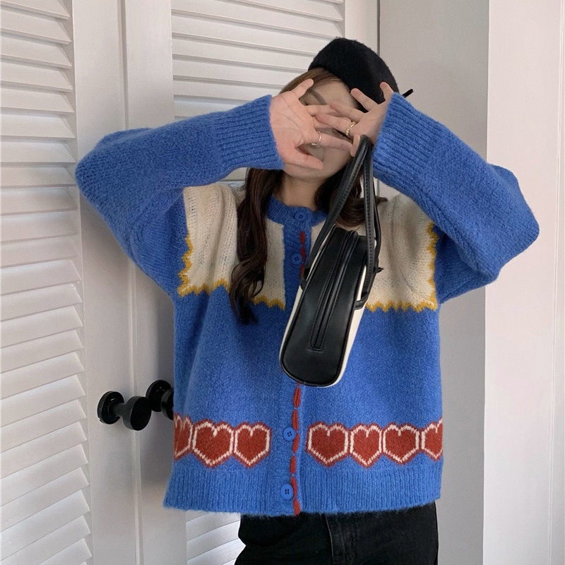 IELGY    Áo cardigan Dệt Kim Tay Dài Dáng Rộng Màu Sắc Tương Phản Thời Trang Cho Nữ