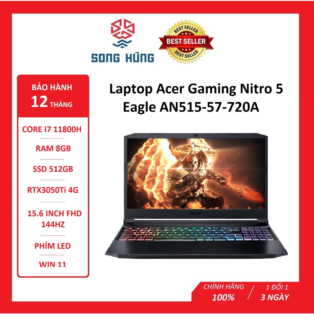 Laptop Acer Gaming Nitro 5 Eagle AN515-57-720A (i7 11800H/8GB Ram/512GB SSD/RTX3050Ti 4G/15.6 inch FHD 144Hz/Win11) 2021