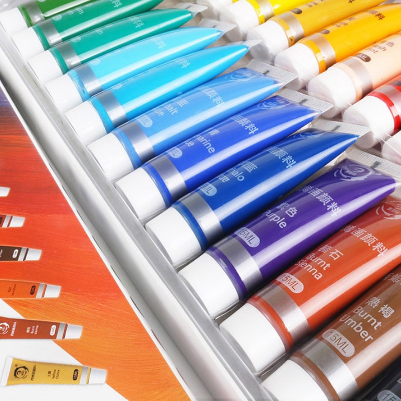 Waterproof Art Supplies 12/24 Colors Acrylic Paint Set Color Paint For Fabric Clothing Nail Glass Drawing Painting For Kids Nylon Paint Brush