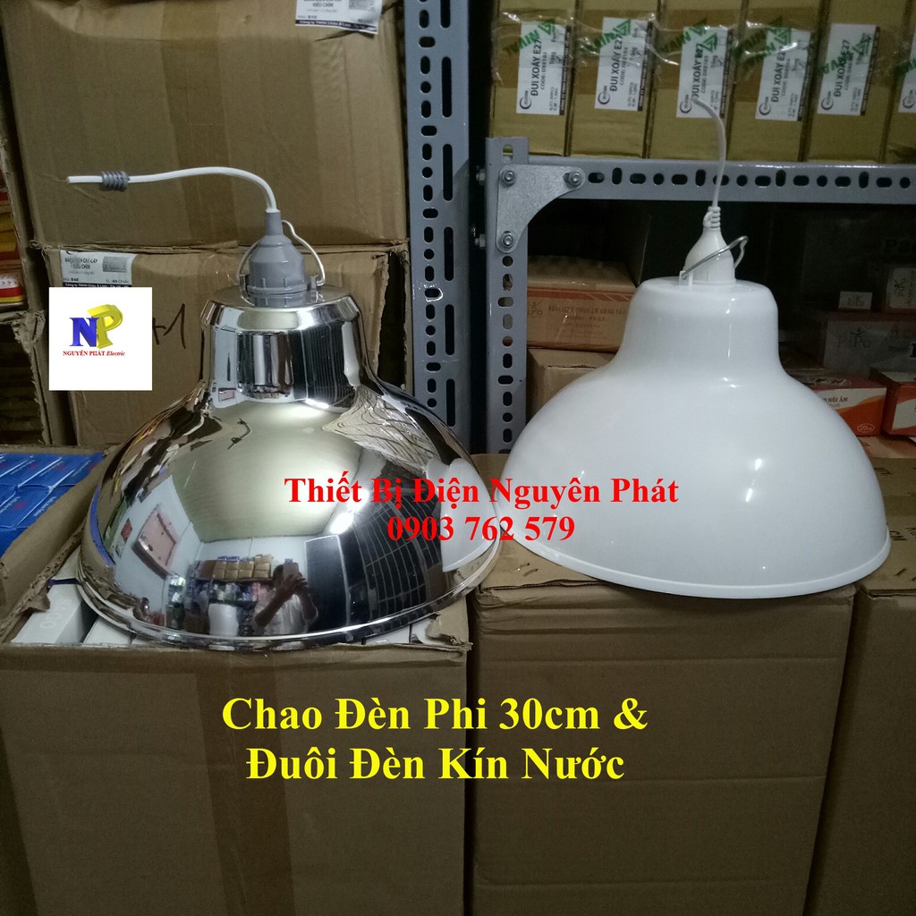 Chao Nhựa (Nhựa PC) & Chao Nhựa Mạ Crom Phi 30cm + Đuôi Đèn Kín Nước Dây Dài 20cm