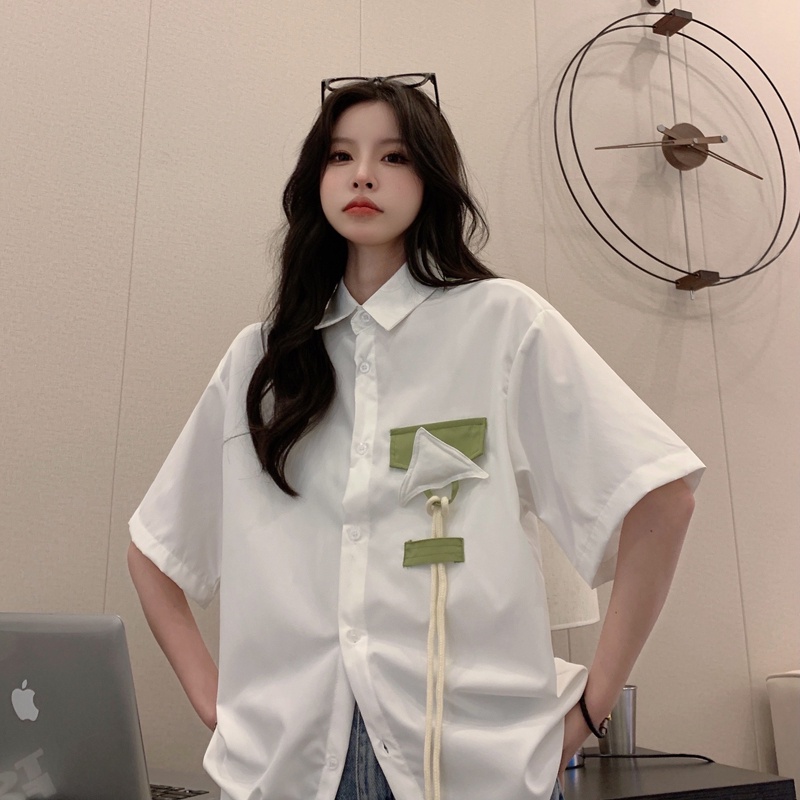 Áo sơ mi ZHELIHANGFEI tay ngắn dáng rộng theo phong cách preppy độc đáo/dễ phối đồ