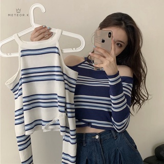 Áo sweater trễ vai dài tay kẻ sọc mới cho nữ