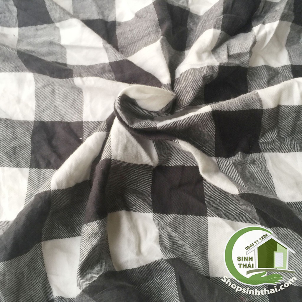 Vải cotton nỉ sọc caro trắng đen