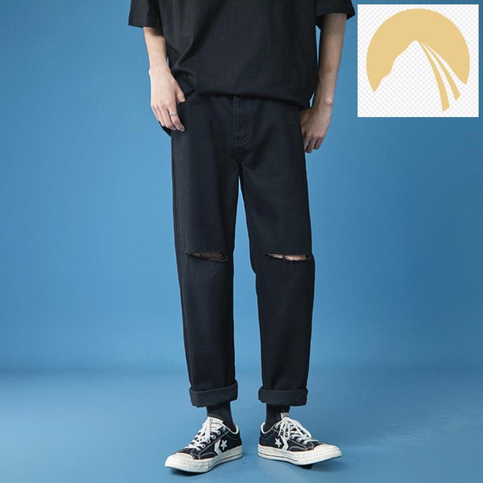 Quần Jean Baggy Nam Rách Gối Ống Rộng Đen Trơn Không Phai Màu Vải Co Giãn-B06 🤶