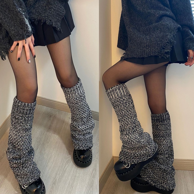 Youyo Vớ Ống Loe Dệt Kim Giữ Ấm Chân Màu Xám Đen Phong Cách Punk Gothic Harajuku Cổ Điển Cho Nữ