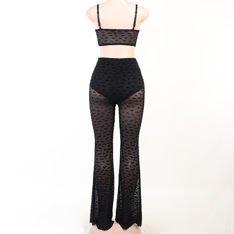 Bộ Áo Tank Top In Hình Dơi + Quần Dài Lưng Thun Thời Trang Halloween Cho Nữ