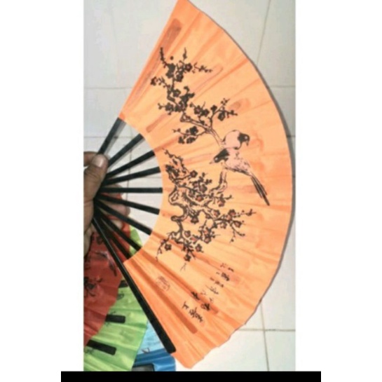 Một chiếc quạt nan Nhựa Vải có 10 nan và dài 24 cm có in hình (chỉ phân loại màu còn hình ngẫu nhiên)