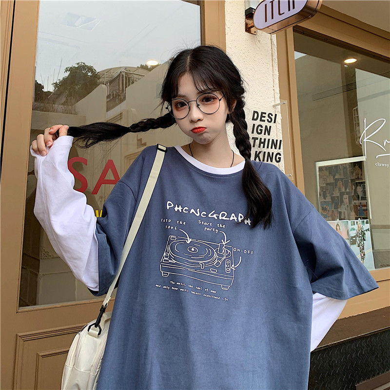 Áo Thun Tay Dài Giả Hai Lớp Thiết Kế Phong Cách Hàn Quốc Cho Nữ