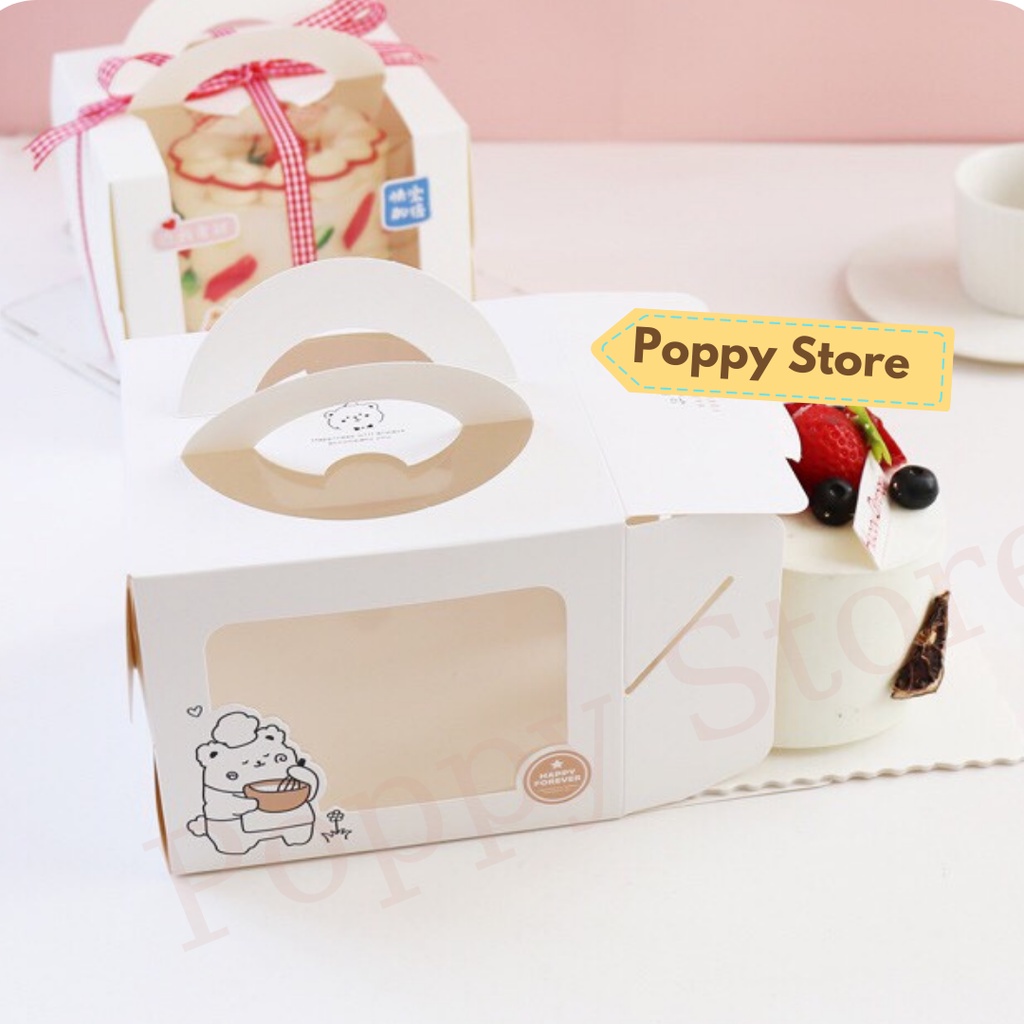 Hộp đựng bánh kem sinh nhật mini, tặng kèm đế bánh, mẫu gấu 1 dễ thương, kích thước 16x16x12cm - POPPY STORE