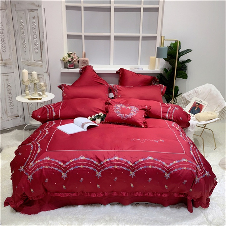 1732224 Bộ chăn ga cưới cotton lụa thêu 4CT cao cấp hàng nhập 150-180x200cm