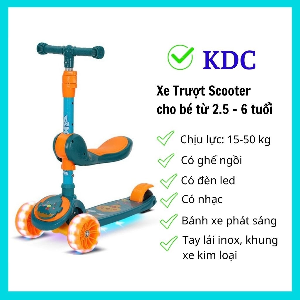 Xe trượt Scooter KDC Bánh phát sáng có ghế ngồi, có nhạc có đèn led, cho bé từ 2 tuổi