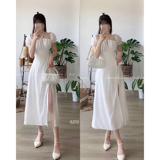 [4 MÀU ] ĐẦM MAXI XANH BƠ NHÚN NGỰC TAY BỒNG XẺ TÀ KTGIMI ( kèm ảnh thật)