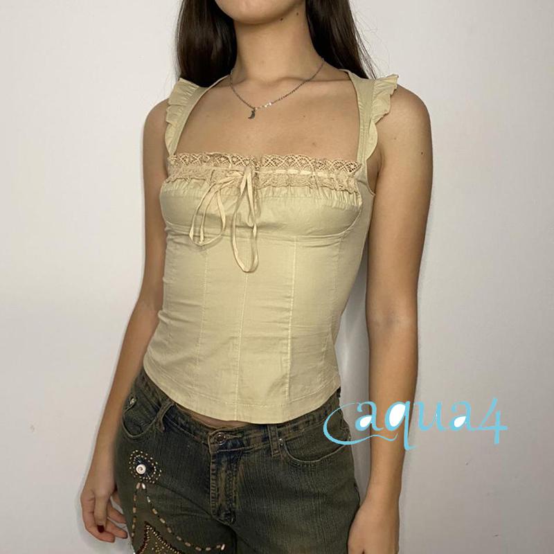 Anana-áo Sát Nách Cổ Vuông Ghép Vải Ren Đường Phố Cho Nữ Size S/M/L