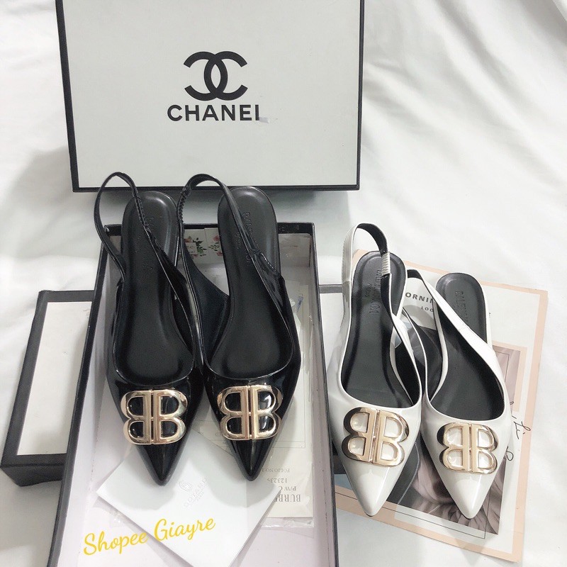 Sandal mũi nhọn da bóng khóa BB gót 1cm ( loại 1 )