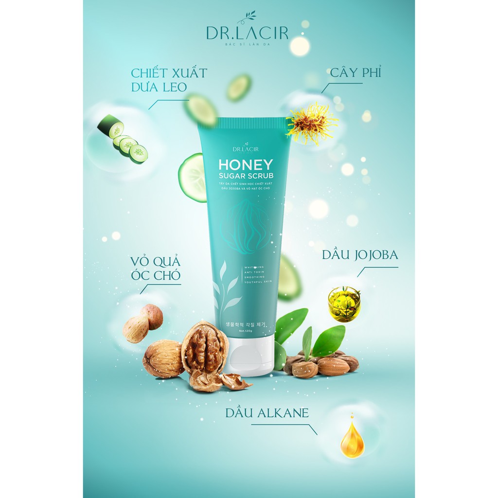 Tẩy Da Chết Sinh Học Drlacir– Honey Sugar Scrub,Chai 120 gram,Giúp loại bỏ các tế bào già cỗi,xỉn màu,ngừa bít tắc