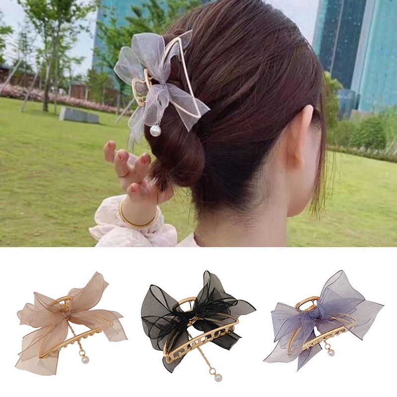 Kẹp gắp tóc hình nơ bằng hợp kim phối ren đính hạt ngọc trai giả thời trang Hàn Quốc cho nữ