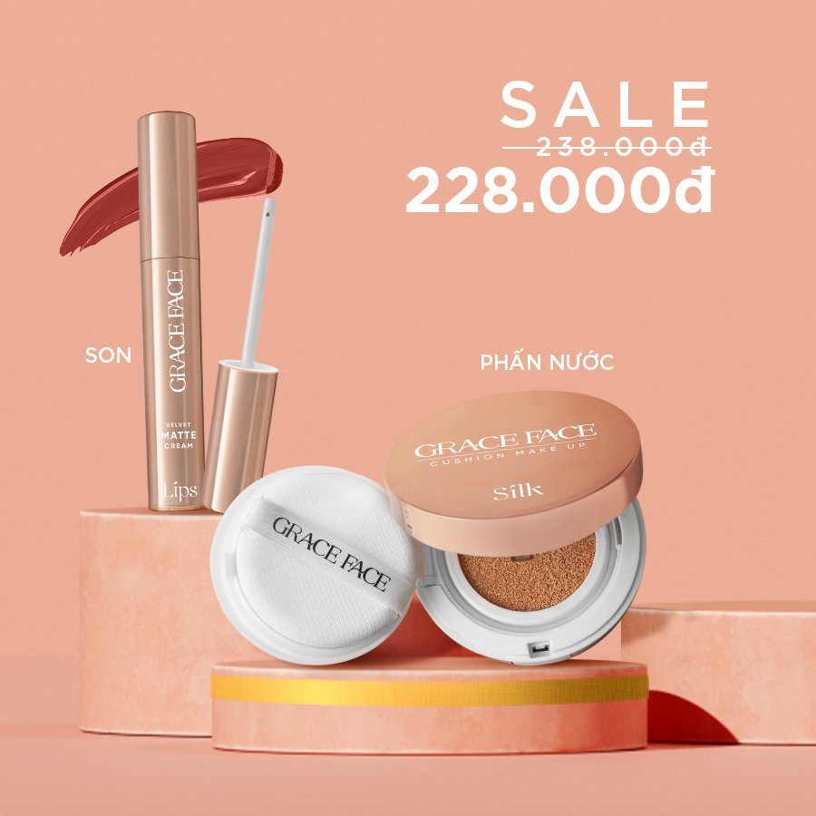 Combo Son kem lì Grace Face Velvet Matte Lipstick 4ml và Phấn nước kiềm dầu Silk Cushion Makeup SPF 40+ PA +++ 15g