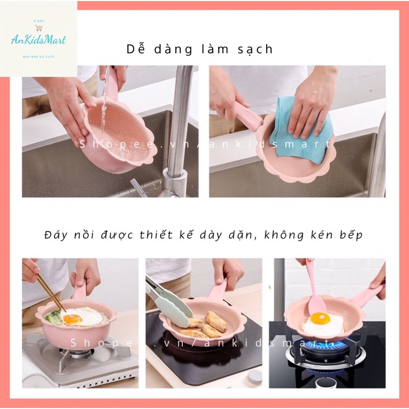 Bộ nồi chảo đá hình hoa cao cấp kèm xửng hấp nấu đồ ăn dặm cho bé