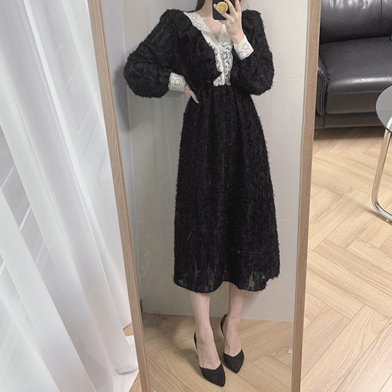 Korean-StylechicVintage Court Style ThinVCollar Contrast Color Lace Ruffled High Waist Dress Long Dress | BigBuy360 - bigbuy360.vn