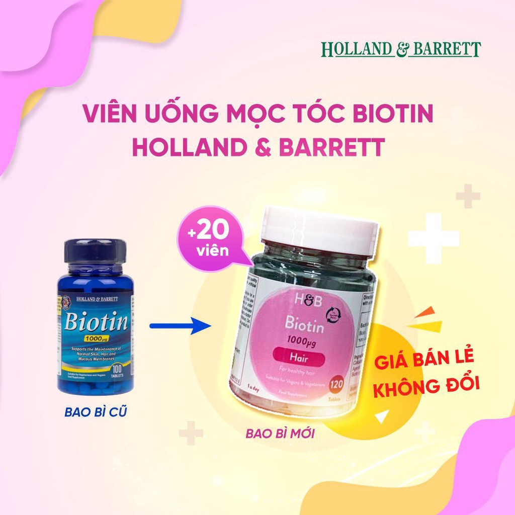 Viên uống ngăn rụng tóc Holland and Barret Biotin 100 Viên nhập khẩu Anh Quốc