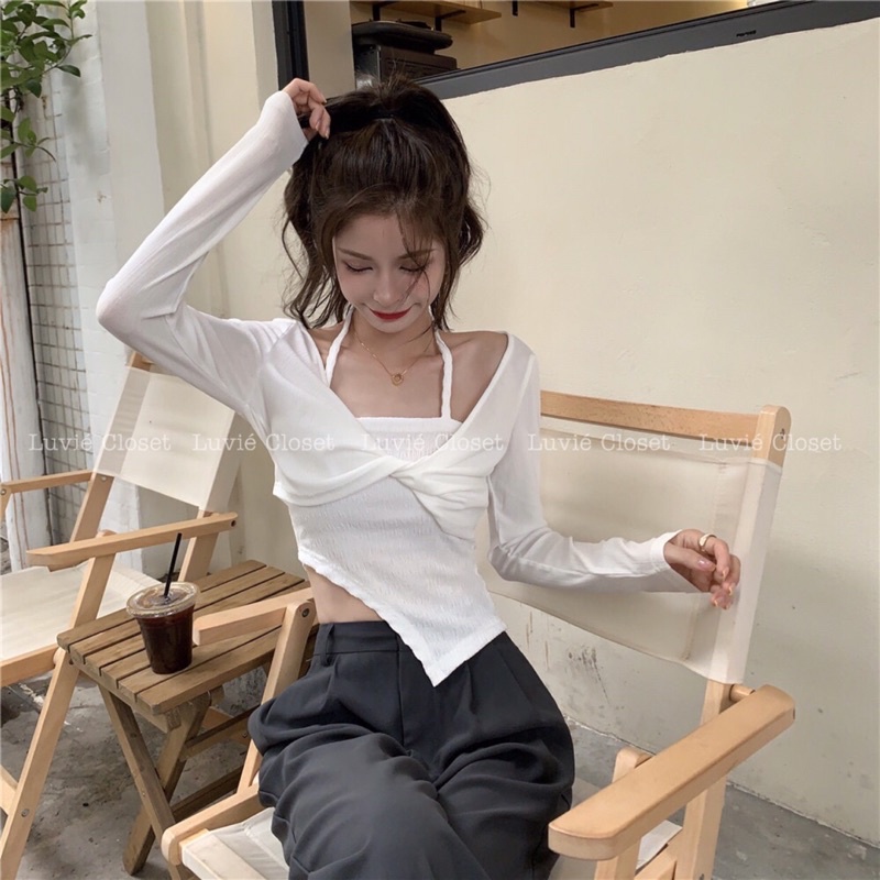 Áo Croptop Nữ Dài Tay Thiết Kế Xoắn Nơ Ngực Cổ Yếm Cột Dây Lưng Lệch Tà Khoét Eo Ôm Body Phong Cách Ulzzang Hàn Quốc