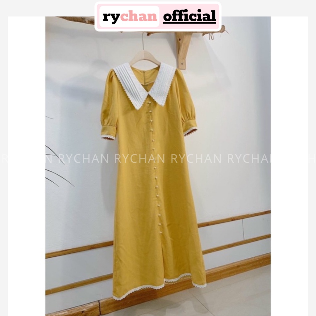 Đầm Nữ Dự Tiệc Dáng Dài Cổ Trắng Tay Phồng Phối Viền Trắng Viền Ren Cực Tiểu Thư Màu Vàng [ẢNH THẬT CUỐI] - DX9808