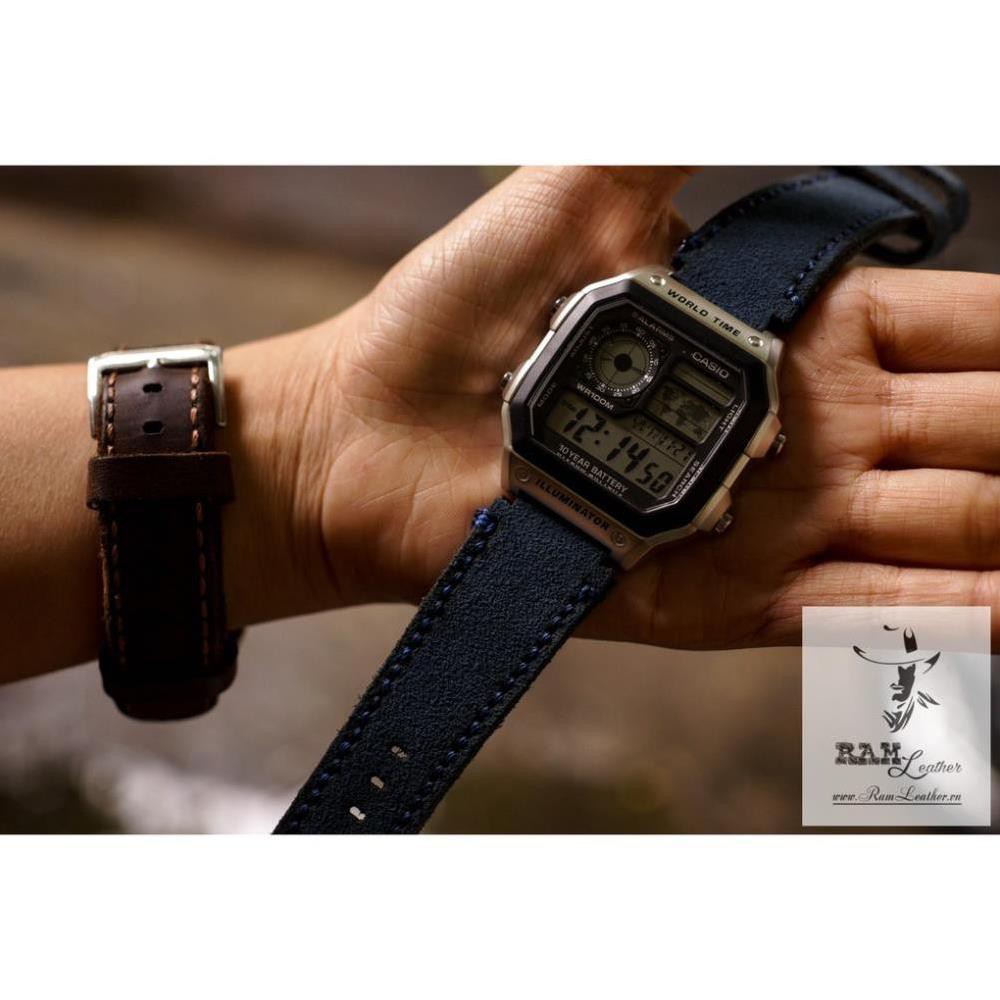 DÂY ĐỒNG CASIO DA BÒ THẬT RAM 1961 XANH COBAN - CASIO AE 1200 / 1300 / 1100 / 1000 / SEIKO / ORIENT *
