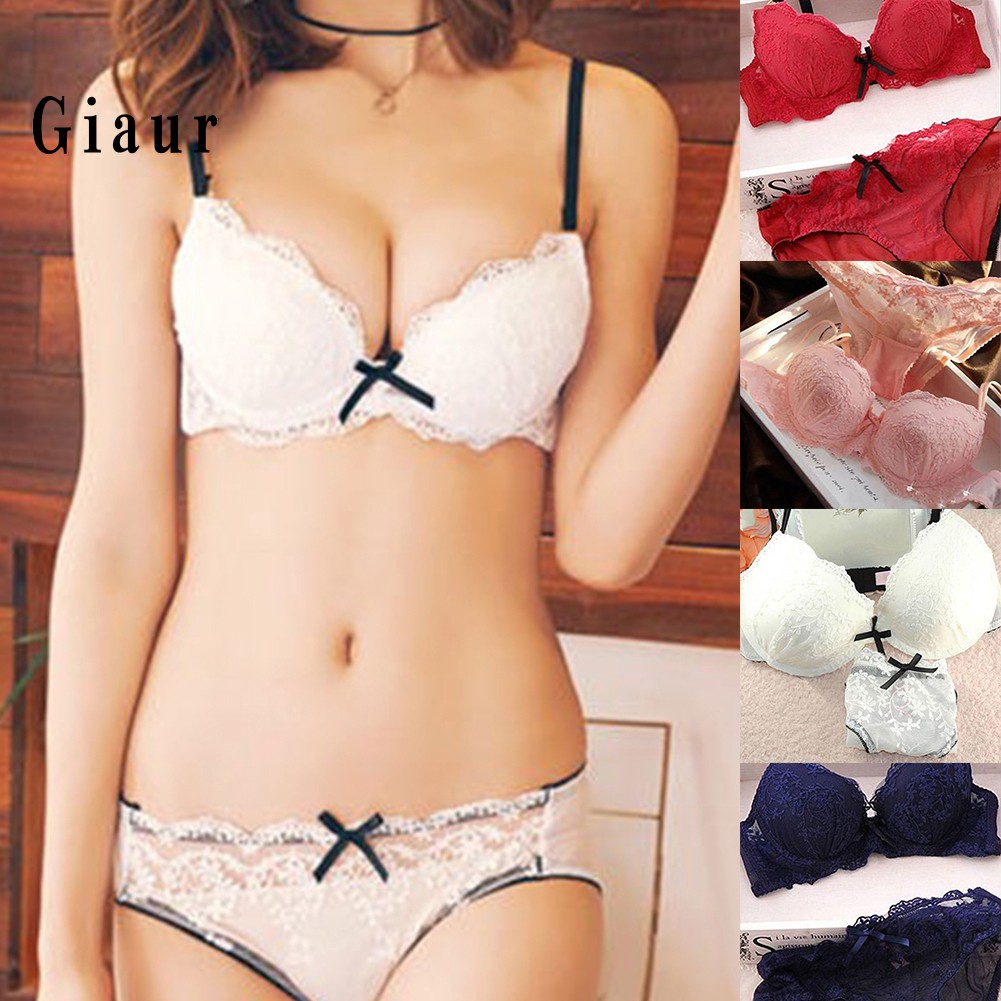 Set áo lót nâng ngực &amp; quần lót nữ họa tiết ren hoa thêu
