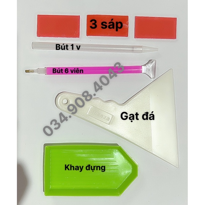 bộ dụng cụ làm tranh đính đá 7 món như ảnh (gạt đá to , 3 sáp , bút đính 6 viên , khay bé , bút đính 1 viên )