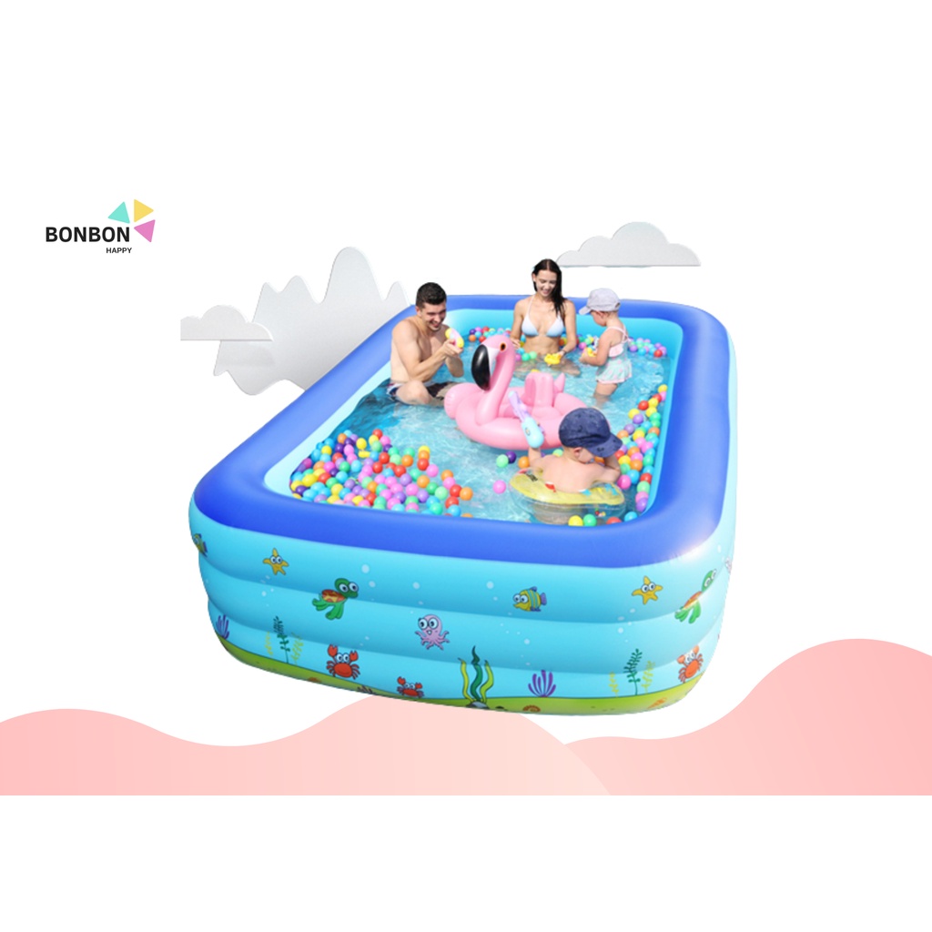 Bể Phao Bơi Cho Bé 3 Tầng Cao Cấp Có Hộp Đế Dày Chống Trượt Nhiều Size 1,2m 1,5m 1,8m 2,1m (Bơm Điện)