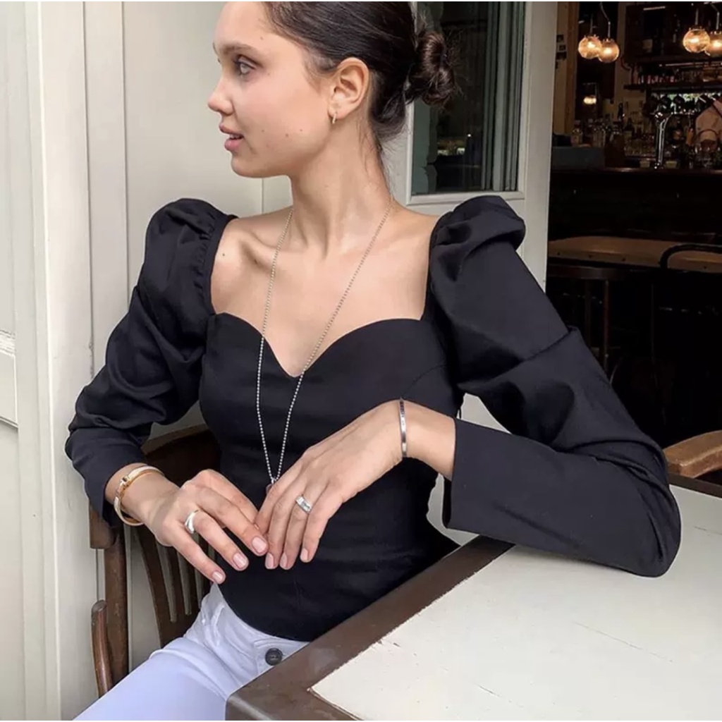 Áo cổ vuông tay dài phồng màu đen gợi cảm phong cách cô nàng nước Pháp instahot